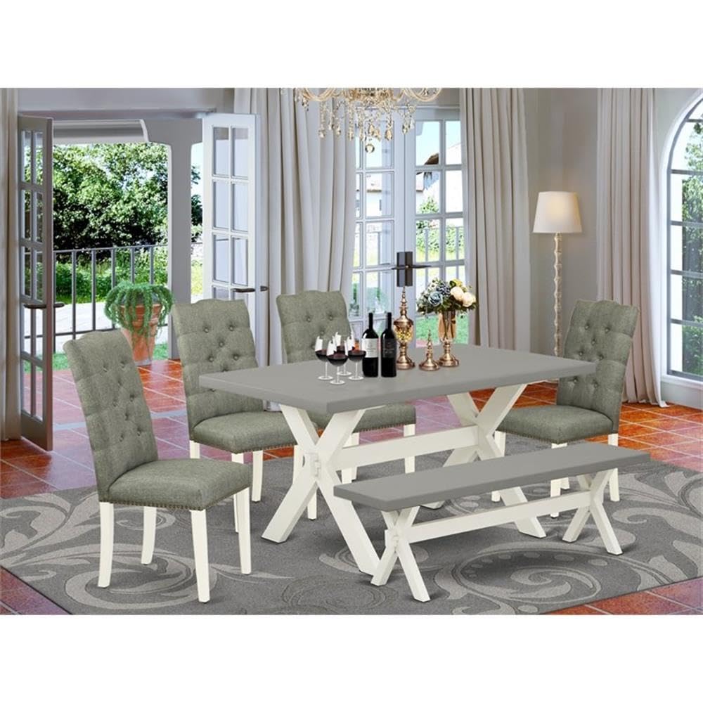 East West Furniture X096El207-6 6 Piece Dining Table Set Contains A Rectangle Dining Room Table With X-Legs And 4 Gray Linen Fabric Parson Chairs With A Bench, 36X60 Inch, Multi-Color
